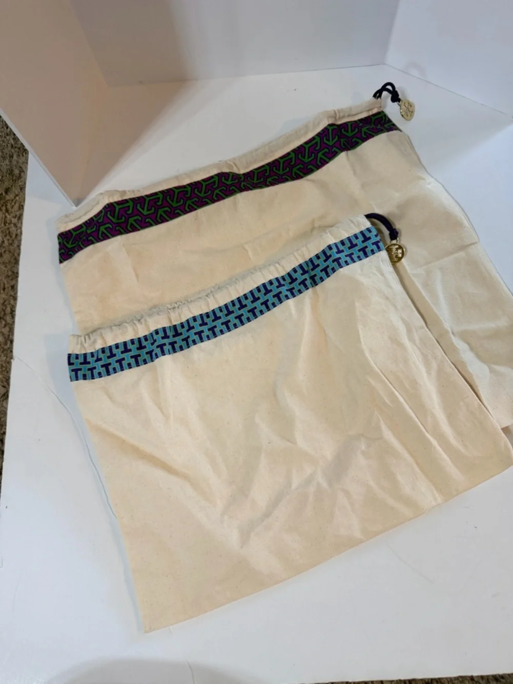 Tory Burch Canvas Drawstring Bags with Blue &‎ Purple Trim